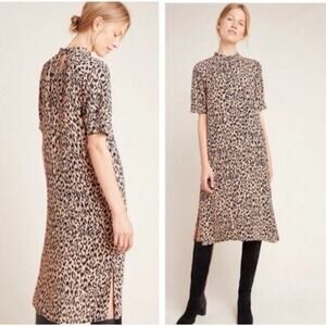 By Anthropologie MacKenzie Leopard Print Midi Shift Dress Small Mock Neck V27